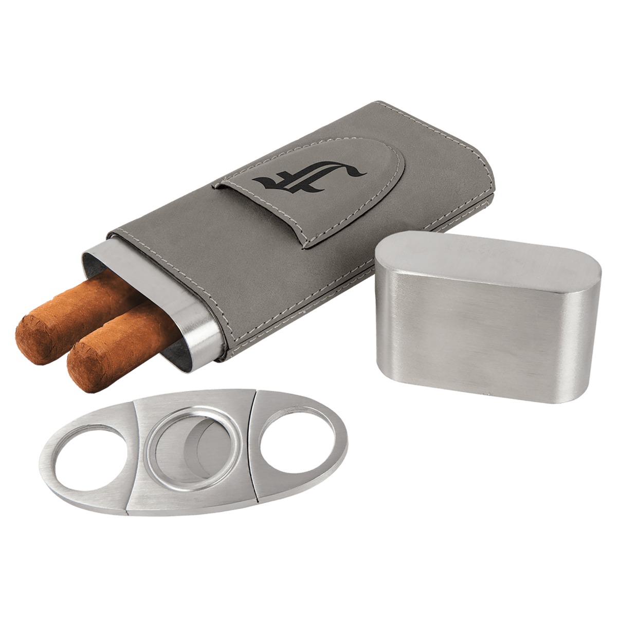 Personalized Leatherette Cigar Case with Cutter — Gray