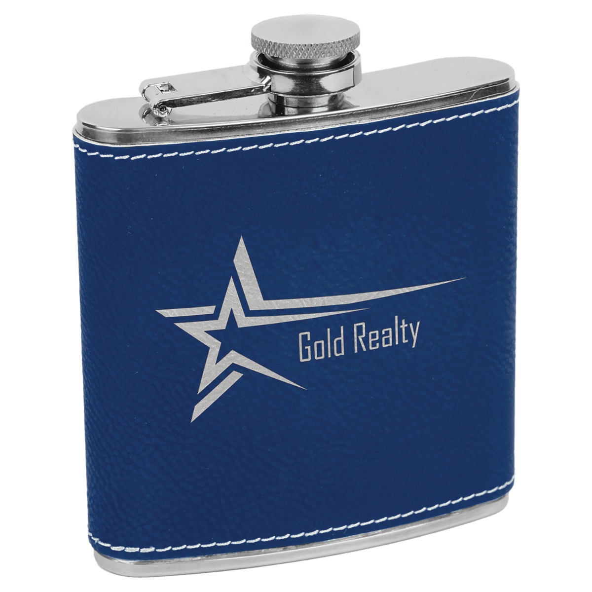 Personalized Leatherette Flask (6 oz) — Blue/Silver