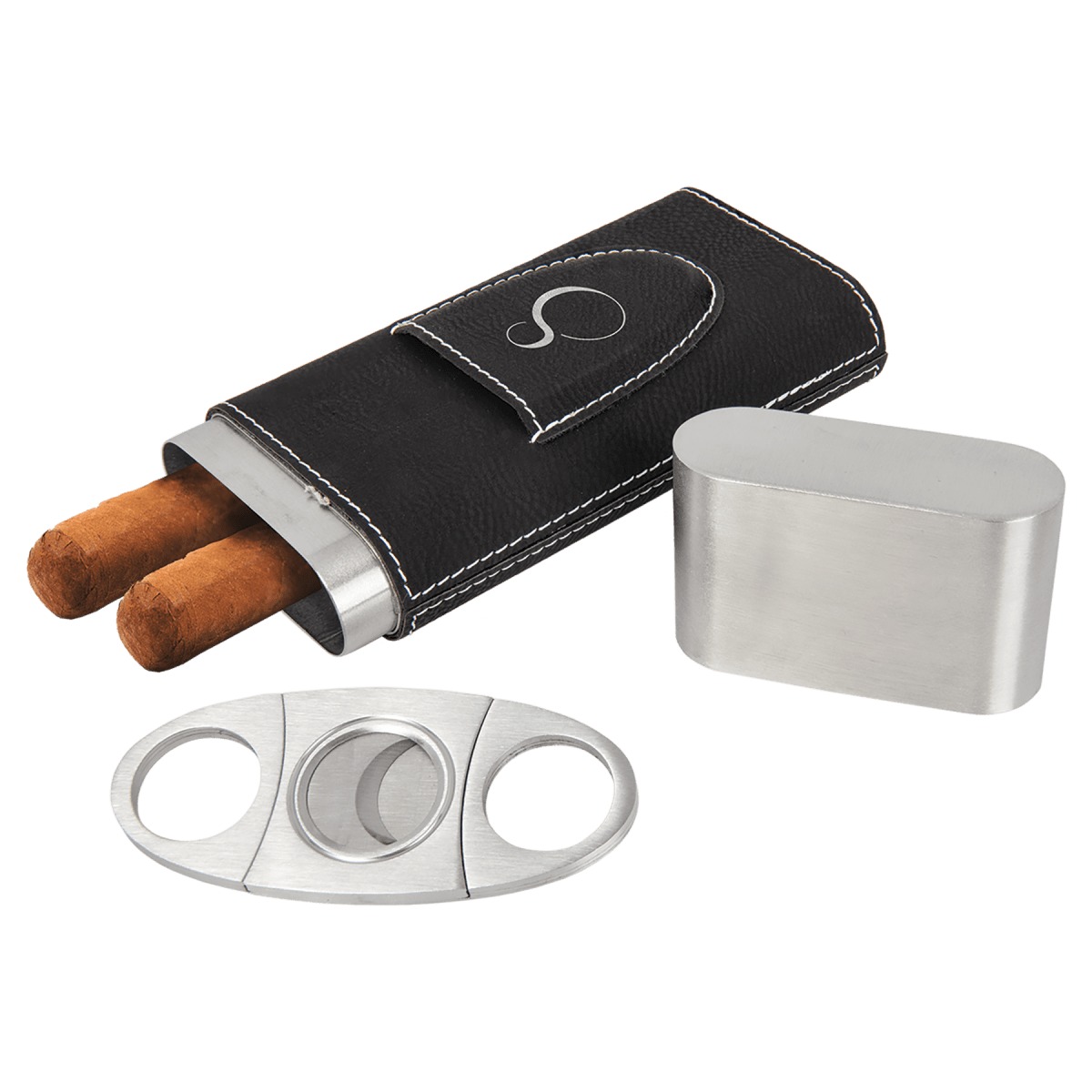 Personalized Leatherette Cigar Case with Cutter — Black/Silver
