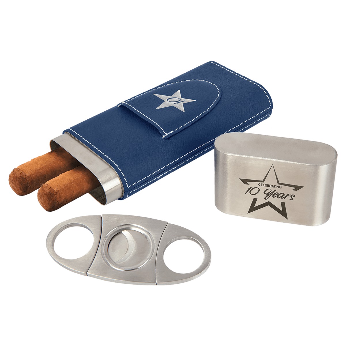 Personalized Leatherette Cigar Case with Cutter — Blue/Silver
